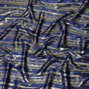 Royal blue pure silk satin fabric with same tone and gold film metallic in stripe design-D11053