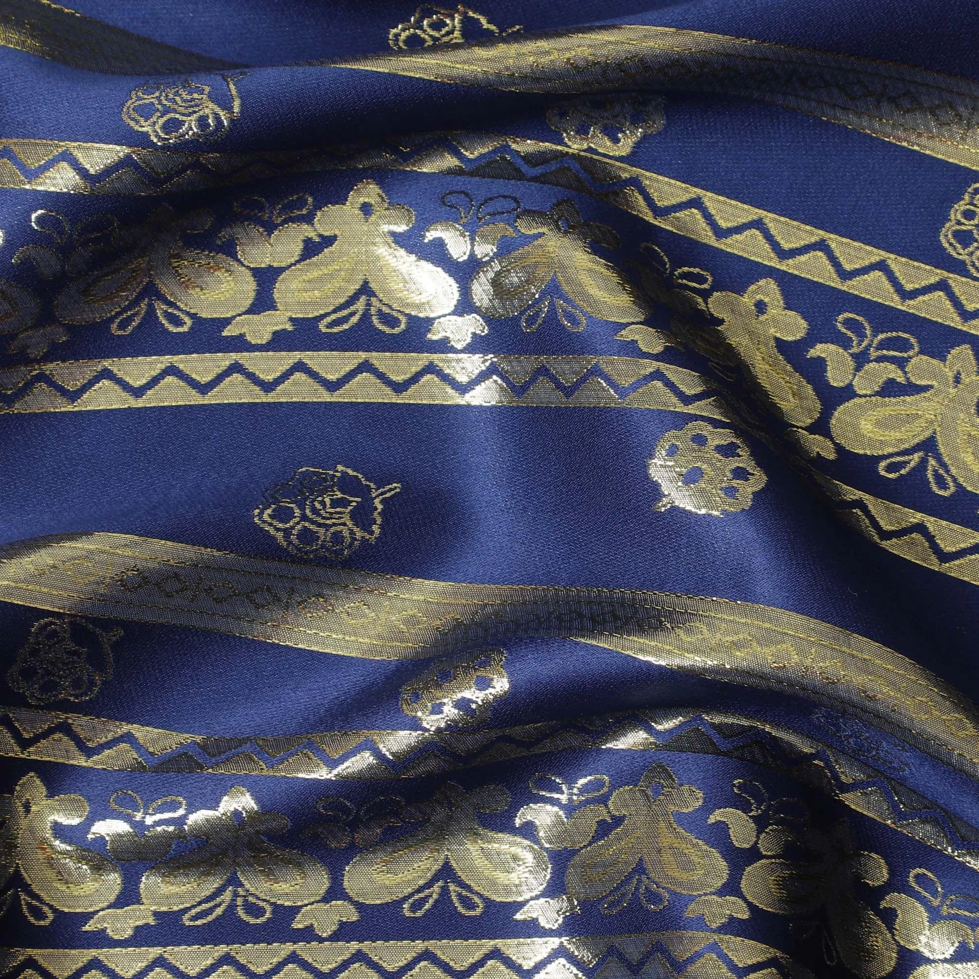 Royal blue pure silk satin fabric with same tone and gold film metallic in stripe design-D11053