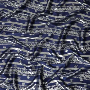 Royal blue pure silk satin fabric with same tone and silver film metallic in stripe design-D11048