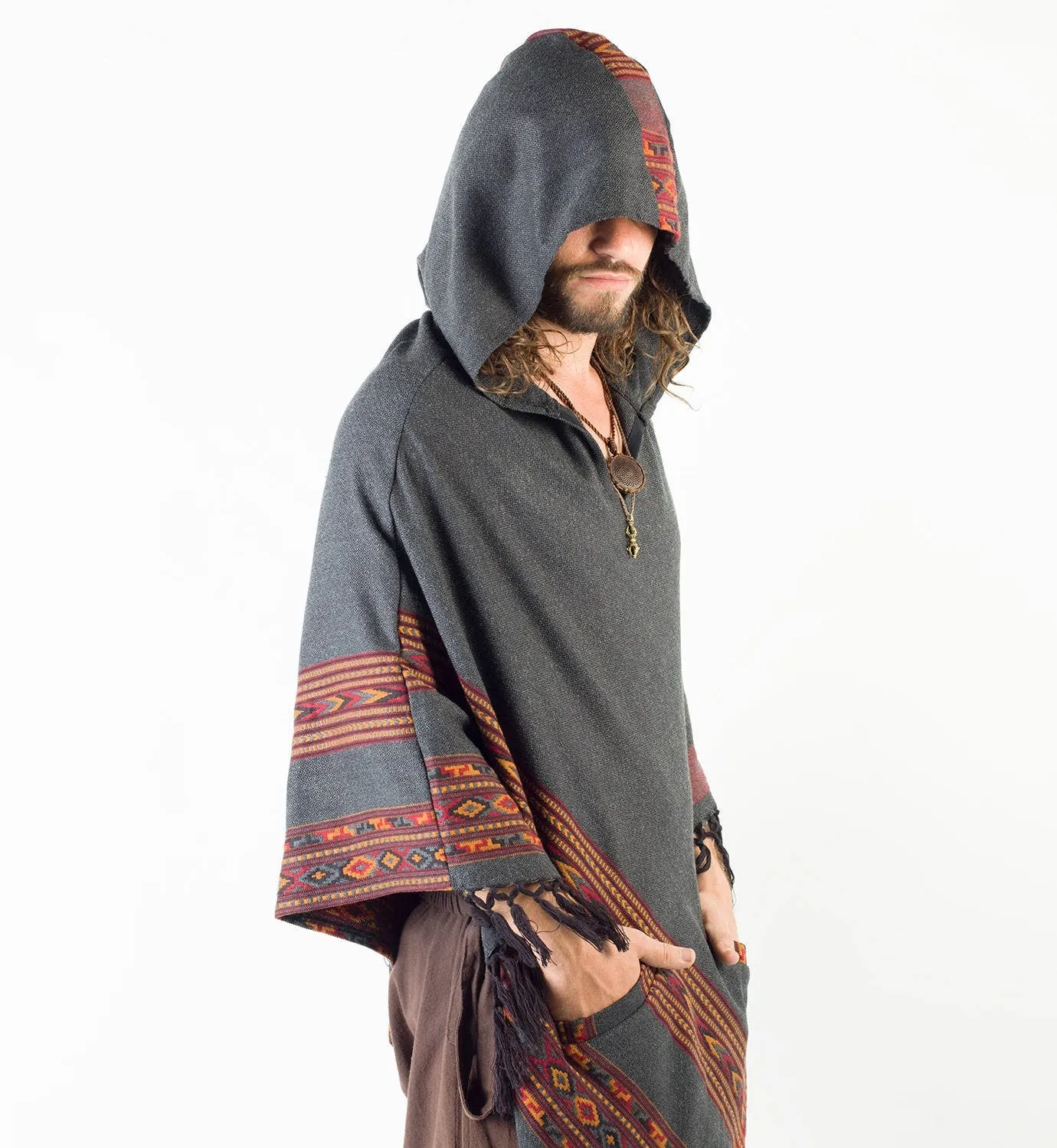 SAMADHI Dark Grey Mens Poncho Yak Wool and Acrylic Wool Blend Handmade Large Hood Pockets Earthy Tribal Pattern Festival AJJAYA Mexican