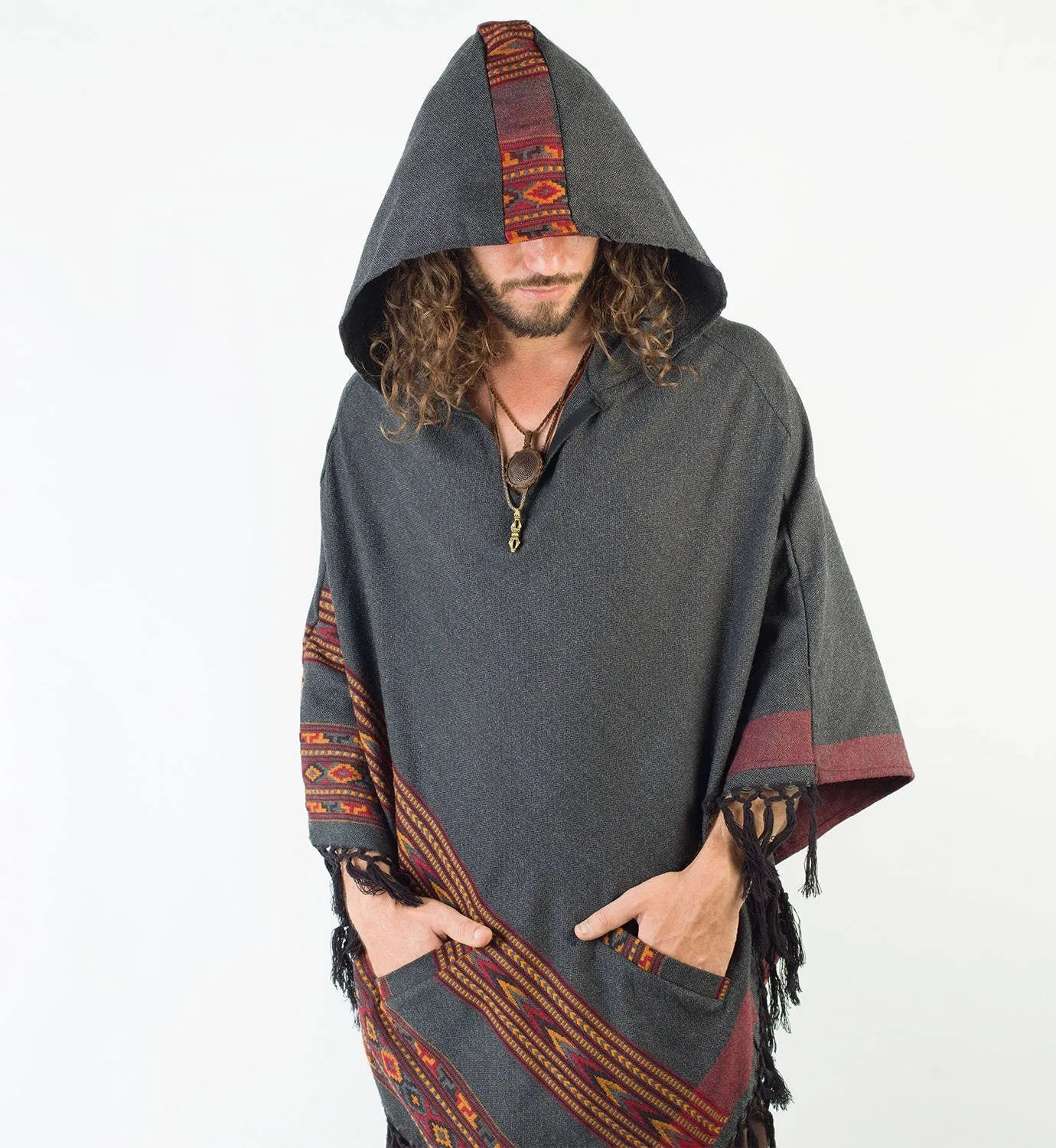 SAMADHI Dark Grey Mens Poncho Yak Wool and Acrylic Wool Blend Handmade Large Hood Pockets Earthy Tribal Pattern Festival AJJAYA Mexican