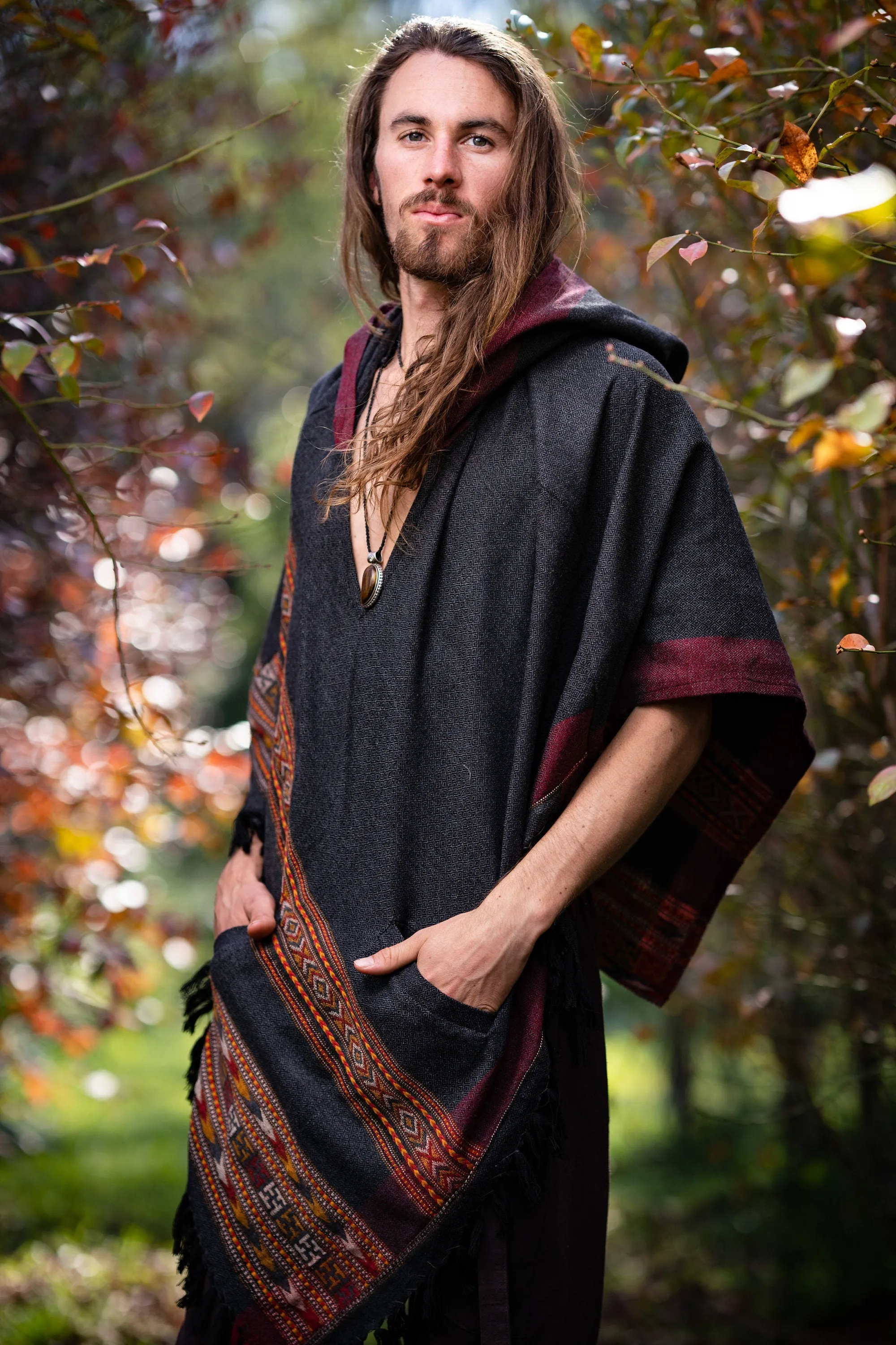 SAMADHI Mens Hooded Poncho Large Hood Yak Wool and Acrylic Wool Blend Dark Grey Tribal Embroidery Celtic Boho Festival Rave Mexican AJJAYA