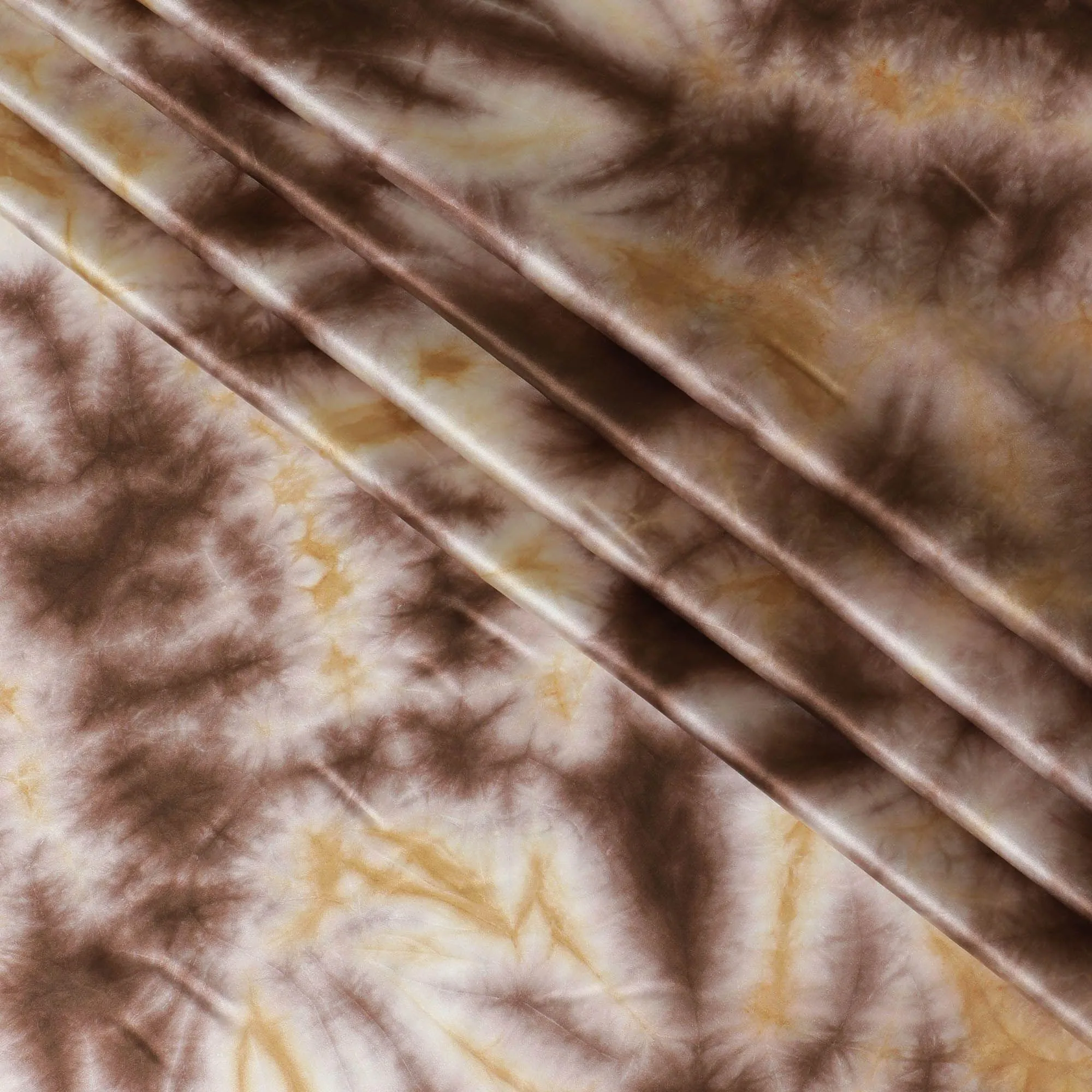 Sand beige premium pure silk satin fabric having tie and die print in abstract design-D10374