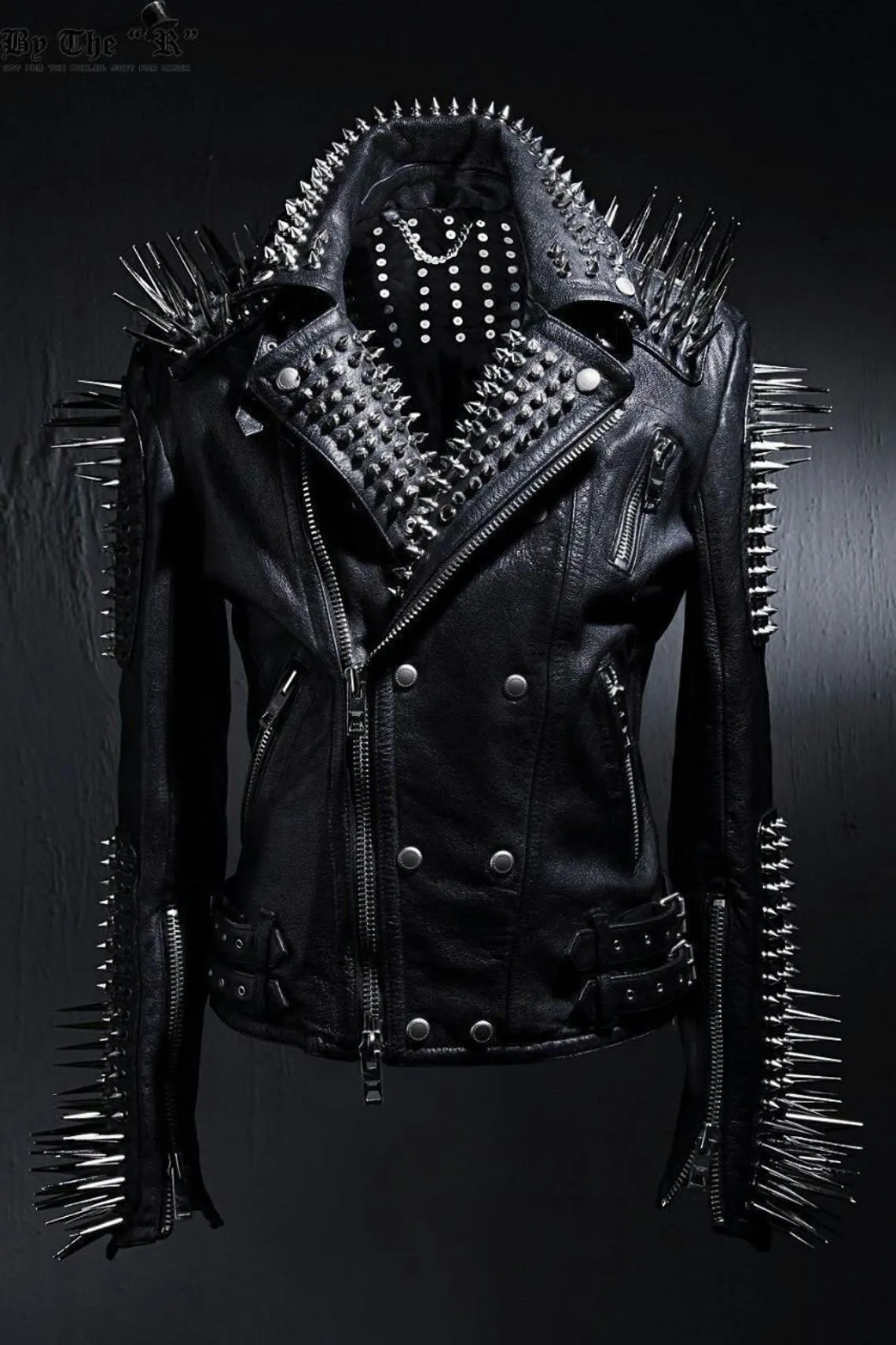 Studded Leather Jacket Women Handmade Full Black Punk Silver Long Spiked