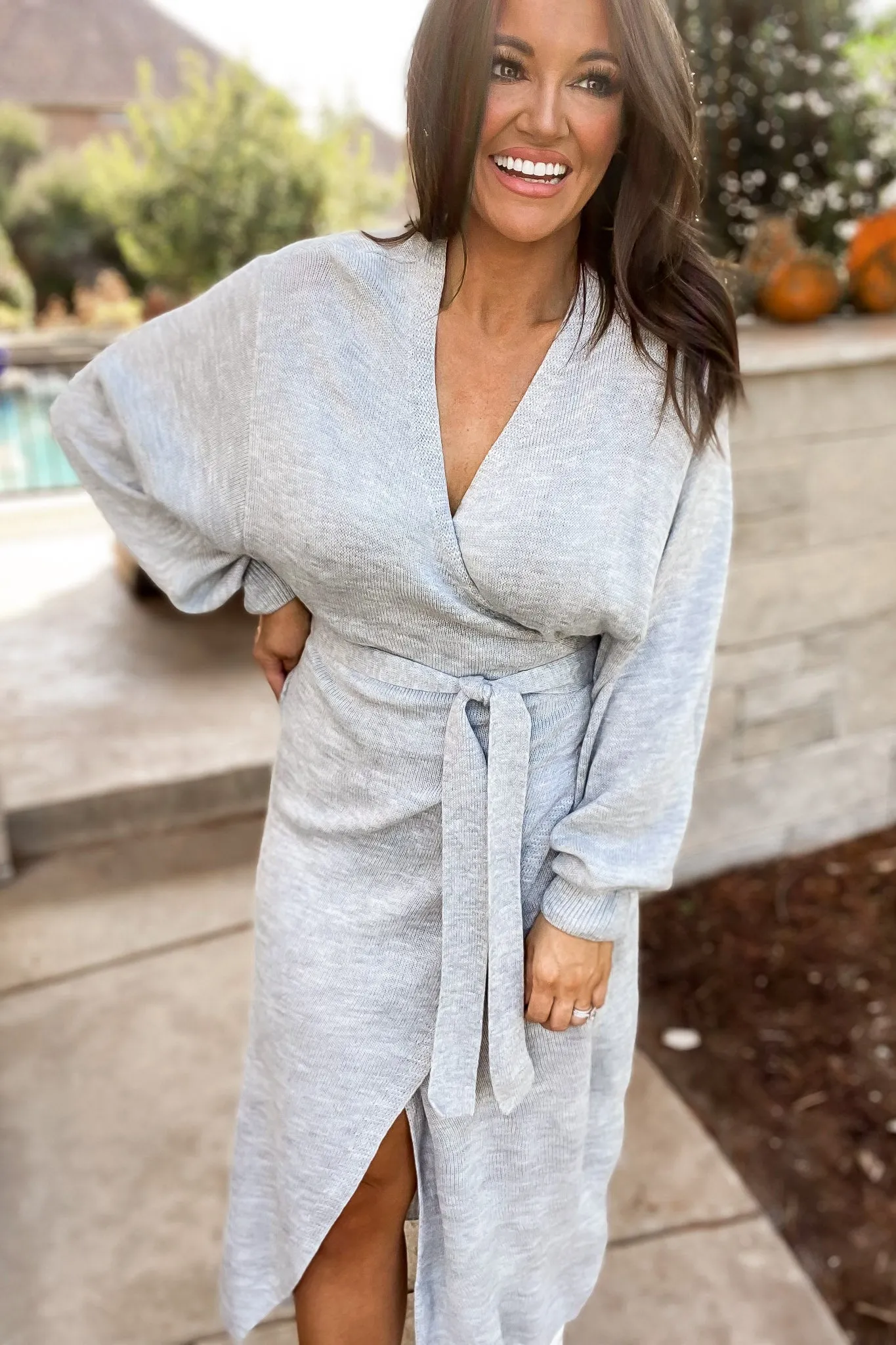 Sweater Weather Heather Gray Knit Sweater Wrap Midi Dress