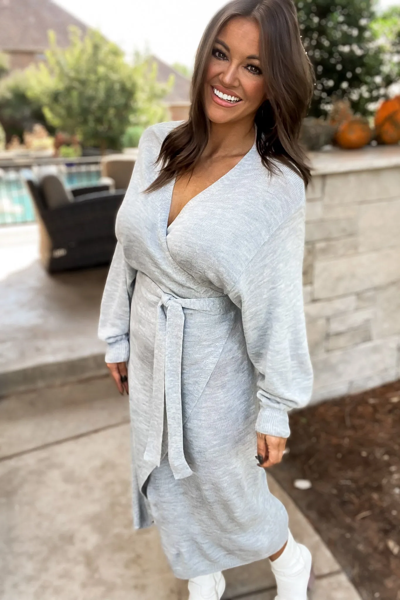 Sweater Weather Heather Gray Knit Sweater Wrap Midi Dress