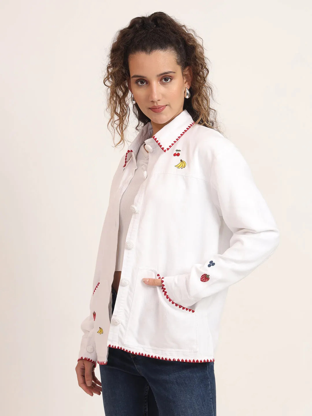 Women Spread Collar Embroidered Cotton Casual Tailored Jacket