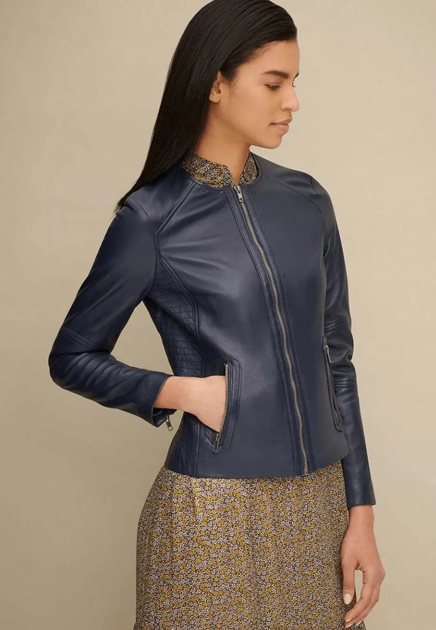 Women's Blue Leather Jacket Crew Neck