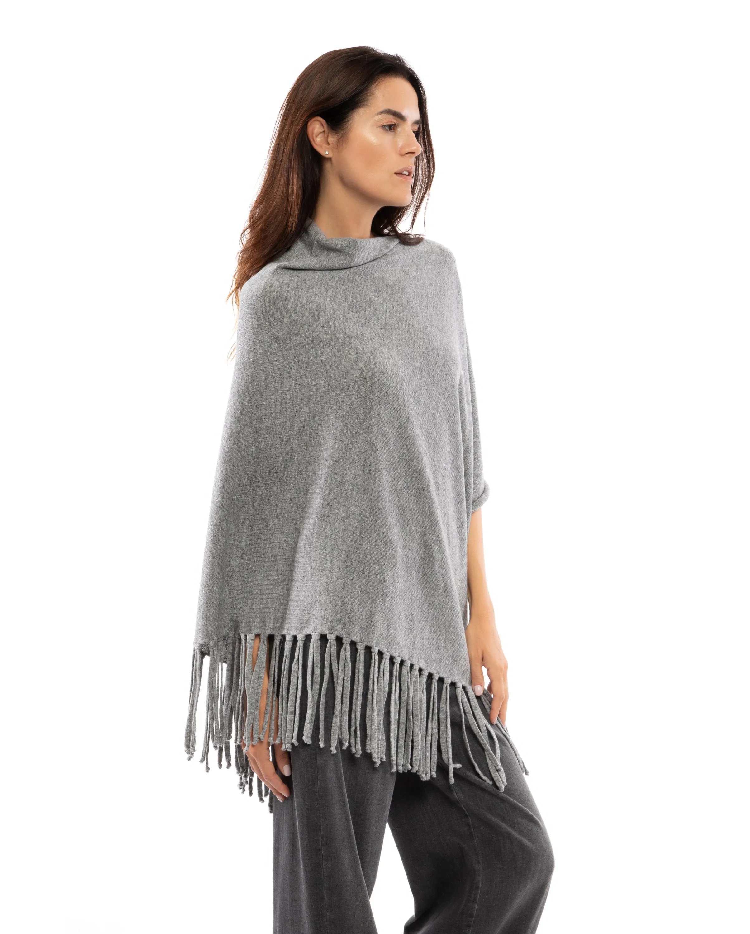 Women's Pure Cashmere Poncho with Fringes Melange Gray