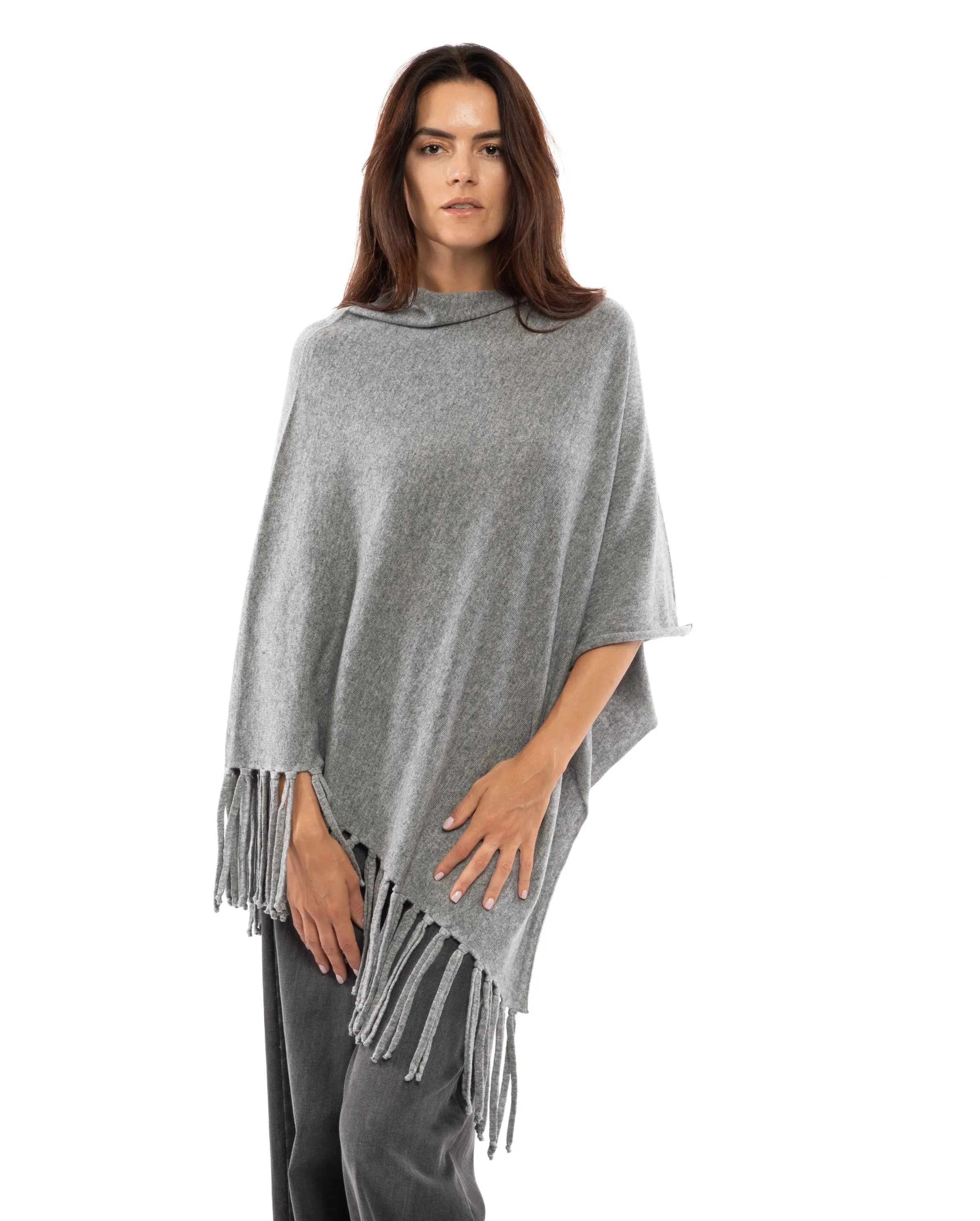 Women's Pure Cashmere Poncho with Fringes Melange Gray