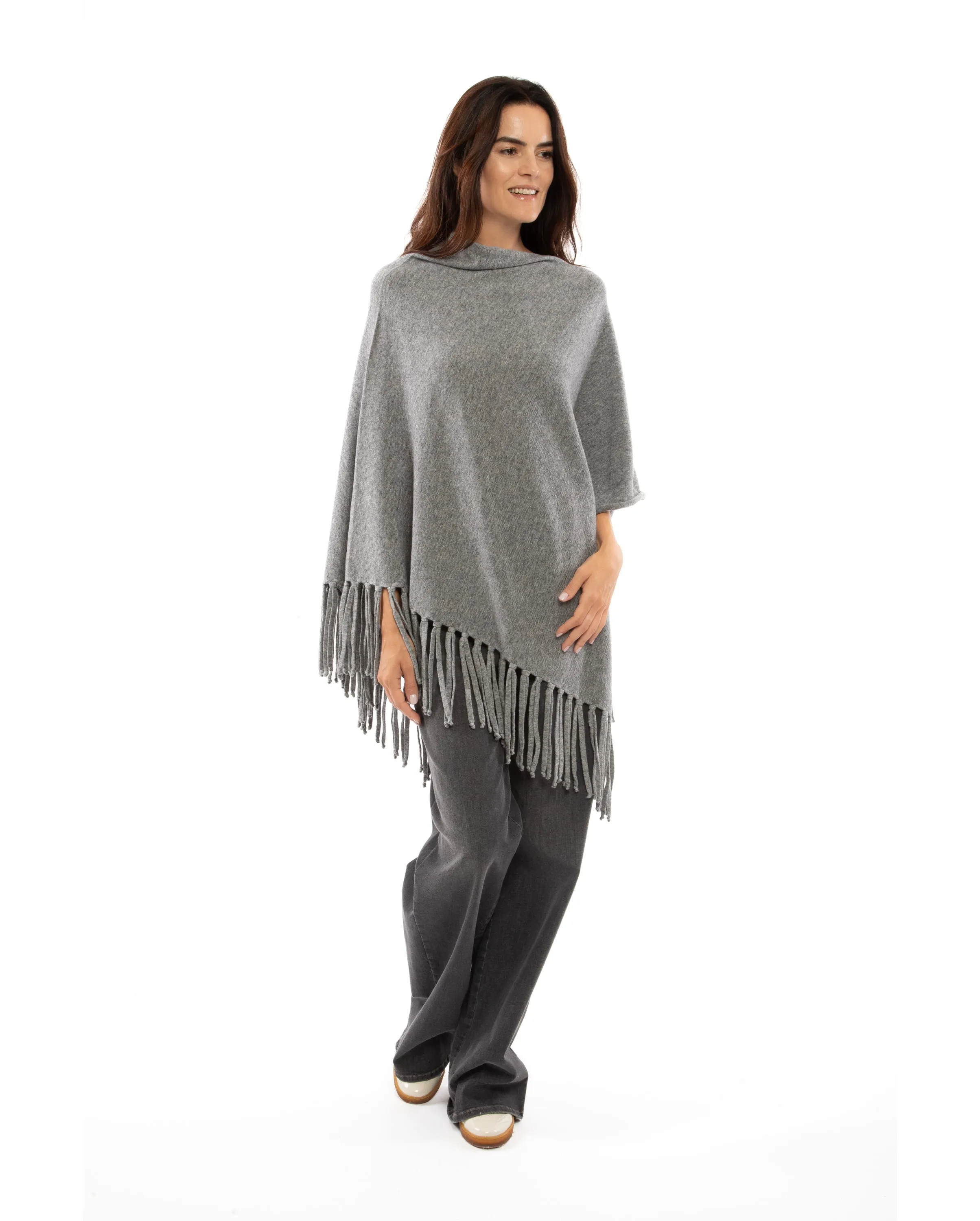 Women's Pure Cashmere Poncho with Fringes Melange Gray